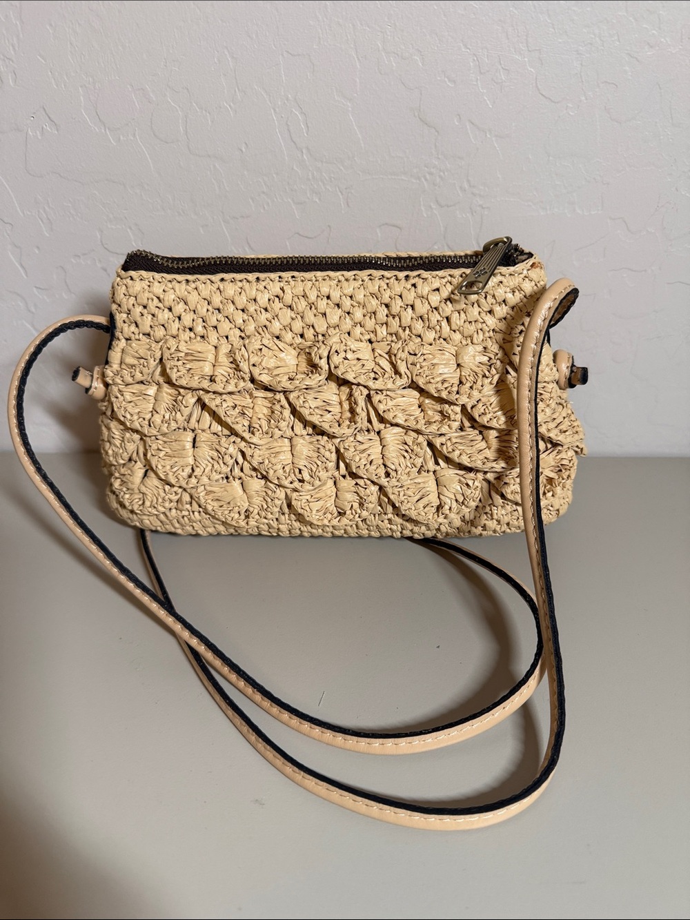 Patricia Nash Leather Bacoli Trimmed Scalloped Raffia Crossbody in Natural New